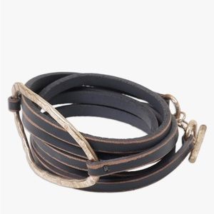 Leather wrap bracelet, silver plated with brass accent, 44”.